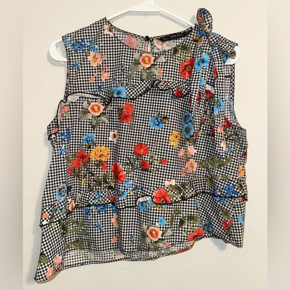 Zara Black and White Floral Blouse Asymmetrical